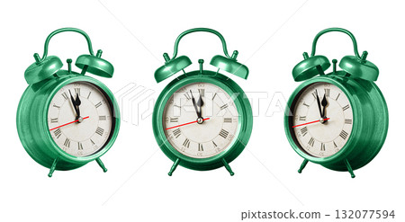 set collection retro clock, watch, pointer clock, Green color alarm clock on isolated white background set collection retro clock, watch, pointer clock, Green color alarm clock on isolated white background 132077594