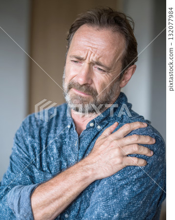 Worried middle-aged man clutching his painful shoulder, frowning with discomfort. Represents injury, chronic pain, arthritis, muscle strain, health issues, medical treatment, and physical therapy Worried middle-aged man clutching his painful shoulder, frowning with discomfort. Represents injury, chronic pain, arthritis, muscle strain, health issues, medical treatment, and physical therapy 132077984