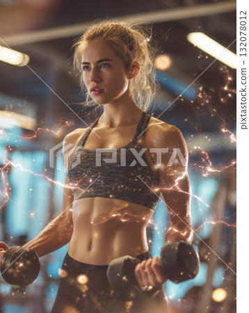 High-energy photo of an athletic woman lifting dumbbells in a gym, enhanced with glowing lightning effects. Represents focus, strength, power, motivation, fitness, intense workout, and dynamic energy 132078012