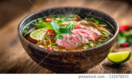 Aromatic Vietnamese Beef Pho Soup: Steaming Hot Broth with Thinly Sliced Rare Steak, Rice Noodles, Fresh Herbs, Lime, and Chili Peppers in a Rustic Bowl on Wood Aromatic Vietnamese Beef Pho Soup: Steaming Hot Broth with Thinly Sliced Rare Steak, Rice Noodles, Fresh Herbs, Lime, and Chili Peppers in a Rustic Bowl on Wood 132078031