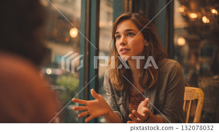 Expressive Young Woman Engaged in Deep Conversation in a Cozy Cafe: Hand Gestures, Natural Light, and Intimate Moment Captured with Shallow Depth of Field 132078032