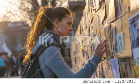 Thoughtful Young Woman with Wavy Hair Ponytail Interacting with an Outdoor Photo Wall Display in Warm Sunset Light: Memory, Connection, and Urban Art Thoughtful Young Woman with Wavy Hair Ponytail Interacting with an Outdoor Photo Wall Display in Warm Sunset Light: Memory, Connection, and Urban Art 132078033