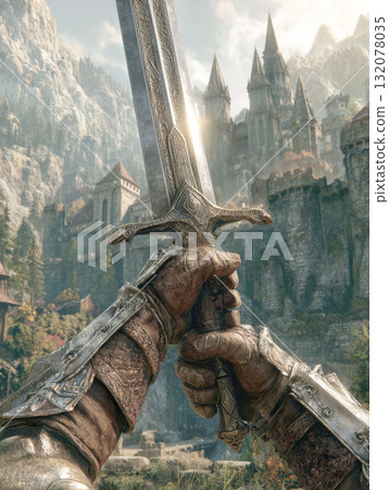 Epic Fantasy Warrior's Sword Raised in Victory Against a Majestic Medieval Castle and Towering Mountains, Symbolizing Conquest, Adventure, and Glory in a Grand Landscape 132078035