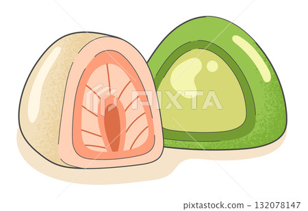Colorful mochi dessert with matcha and strawberry filling in flat style. Colorful mochi dessert with matcha and strawberry filling in flat style. 132078147