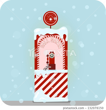 Christmas stall with vintage phone booth to call Santa in flat vector style 132078150