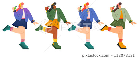 Healthy lifestyle set of women holding apples symbolizing healthcare and grocery shopping 132078151