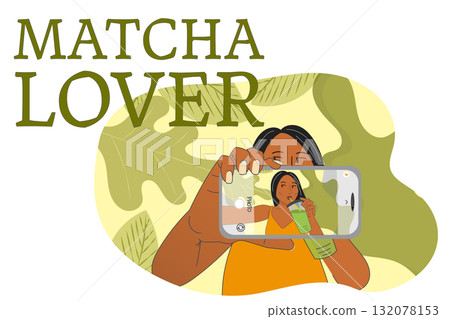 Girl taking selfie with iced matcha latte in modern flat illustration. 132078153