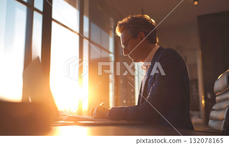serious, middle-aged businessman in glasses working diligently, reviewing documents at his desk during the golden hour. Bright sun flare through the large window creates a dramatic silhouette 132078165