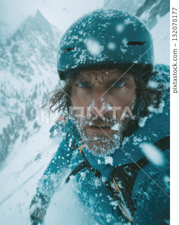 Extreme Mountaineering Close-up: Determined Climber's Face and Beard Covered in Snow and Ice While Ascending a Steep, Treacherous Mountain Slope in a Blizzard, Capturing Adventure, Resilience 132078177