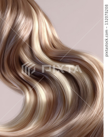 Exquisite Close-up of Dynamic, Voluminous, Wavy Hair Showing Multi-Tonal Blonde and Brown Balayage Highlights with Intense Shine and Silky Smooth Texture on a Soft Neutral Background 132078208