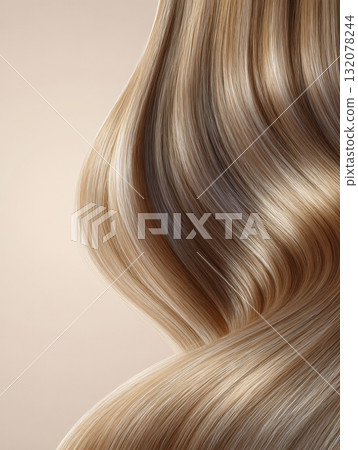 Close-up of luxurious, flowing female hair in smooth, voluminous waves, highlighting a multi-dimensional blonde color with a balayage or highlighted effect and brilliant shine on a neutral background 132078244