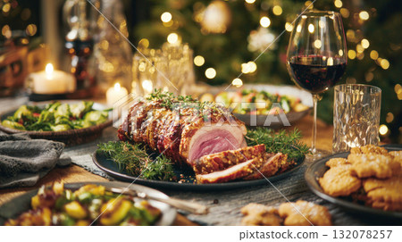 Gourmet Holiday Dinner Table Setting Featuring a Sliced Herb-Crusted Roasted Meat Roll, Surrounded by Various Side Dishes, a Glass of Red Wine, and Warm Christmas Tree Lights and Candlelight Ambiance 132078257