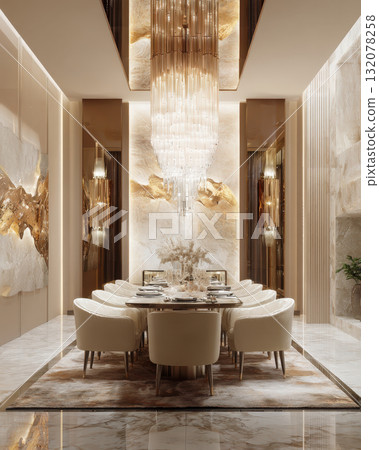 A stunning vertical shot of high-end, modern luxury dining space. Room is characterized by rich marble textures, dramatic lighting from a linear crystal chandelier, sophisticated neutral color palette 132078258