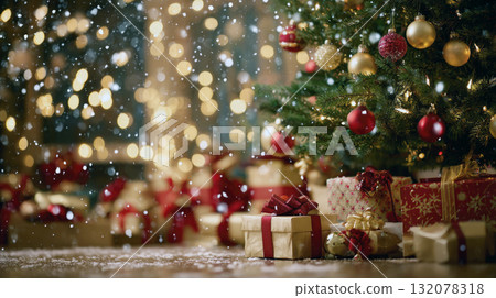 magical, festive scene featuring decorated Christmas tree with red and gold baubles and warm lights. Numerous wrapped gifts sit beneath the tree, all set against backdrop of soft, golden bokeh lights magical, festive scene featuring decorated Christmas tree with red and gold baubles and warm lights. Numerous wrapped gifts sit beneath the tree, all set against backdrop of soft, golden bokeh lights 132078318