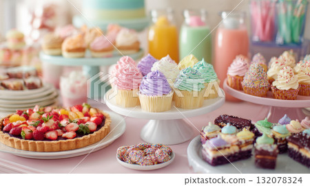 A vibrant and enticing dessert table featuring a beautiful assortment of pastel-colored cupcakes, a fresh fruit tart, decadent chocolate pastries, and colorful beverages 132078324