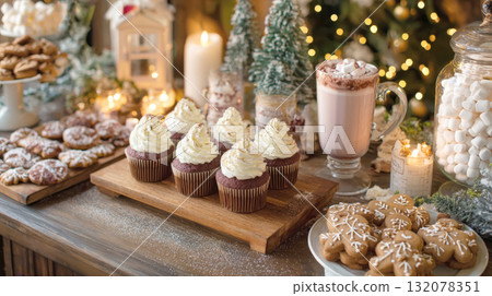 A cozy and festive dessert table featuring chocolate cupcakes with white frosting, gingerbread men cookies, and hot cocoa with marshmallows, surrounded by christmas decorations, fairy lights A cozy and festive dessert table featuring chocolate cupcakes with white frosting, gingerbread men cookies, and hot cocoa with marshmallows, surrounded by christmas decorations, fairy lights 132078351