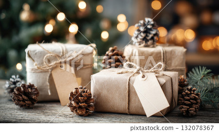 collection of rustic Christmas gifts wrapped in brown craft paper and tied with natural twine, featuring blank gift tags decorative pine cones. Set on a weathered wooden surface with, glowing bokeh 132078367