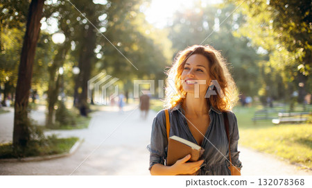 A cheerful young woman with curly hair and a bright smile walks along a sunny park path, holding a book and wearing a casual denim dress. The image captures the feeling of freedom, leisure A cheerful young woman with curly hair and a bright smile walks along a sunny park path, holding a book and wearing a casual denim dress. The image captures the feeling of freedom, leisure 132078368