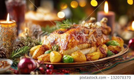 Golden Roasted Holiday Turkey or Chicken Dinner. Deliciously Glazed Poultry Garnished with Rosemary,, Served with Crispy Potatoes, Surrounded by Candles and Warm Bokeh Lights for Christmas Dinner 132078370
