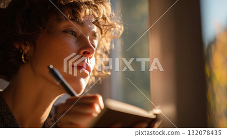 A close-up portrait of a thoughtful woman with curly hair and warm, golden light on her face, writing or journaling in a small notebook by a window, suggesting creativity, contemplation 132078435