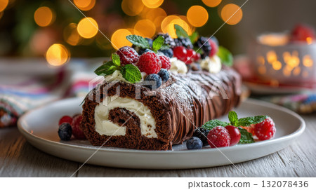 Indulge in the rich, velvety flavor of a homemade chocolate Swiss roll filled with creamy vanilla frosting, topped with raspberries, blueberries, red currants, and mint, set against warm Indulge in the rich, velvety flavor of a homemade chocolate Swiss roll filled with creamy vanilla frosting, topped with raspberries, blueberries, red currants, and mint, set against warm 132078436
