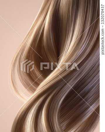 A stunning, detailed close-up of a wave of luxurious hair, featuring balayage or highlights with shades of blonde, gold, and brown. The hair demonstrates smoothness, vibrancy, and healthy shine 132078437