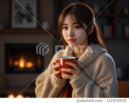 放鬆與一份熱的飲料的婦女 放鬆與一份熱的飲料的婦女 132078438