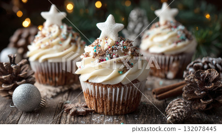 A trio of charming Christmas cupcakes topped with a generous swirl of vanilla buttercream, holiday sprinkles, and an edible star. Set on a rustic wooden surface 132078445
