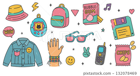 Collection of retro 90s accessories such as bubble gum, floppy disk, backpack, denim jacket, tamagotchi and vintage phone in colorful doodle cartoon style. Collection of retro 90s accessories such as bubble gum, floppy disk, backpack, denim jacket, tamagotchi and vintage phone in colorful doodle cartoon style. 132078469