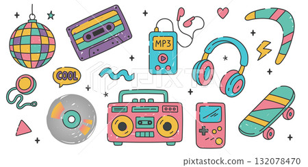 Fun retro doodle collection including cassette, mp3 player, headphones, game console, CD, boombox and disco ball in colorful cartoon flat style. 132078470