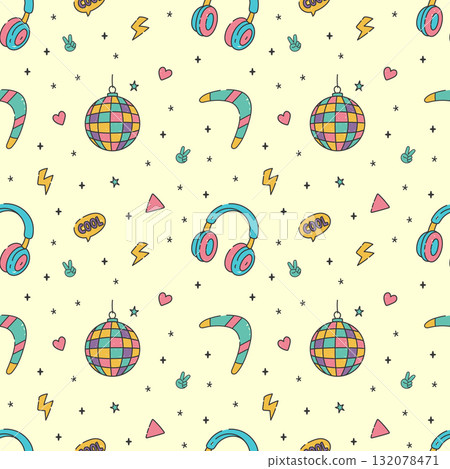 Seamless pattern with disco ball, headphones, boomerang and doodle elements in bright retro cartoon style 132078471