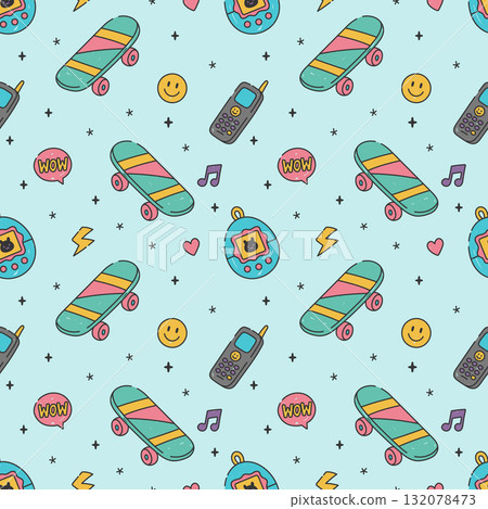 Seamless retro doodle pattern with skateboard, tamagotchi, vintage phone and colorful icons in bright cartoon flat style Seamless retro doodle pattern with skateboard, tamagotchi, vintage phone and colorful icons in bright cartoon flat style 132078473