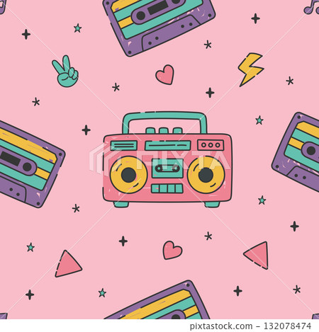 Seamless retro pattern with colorful cassette tapes, boombox and doodle details in fun cartoon style, perfect for textile and wallpapers Seamless retro pattern with colorful cassette tapes, boombox and doodle details in fun cartoon style, perfect for textile and wallpapers 132078474