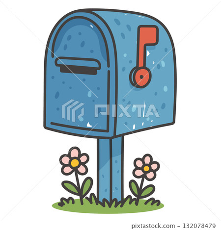 Blue Mailbox With Red Flag And Flowers In Cute Cartoon Flat Style Blue Mailbox With Red Flag And Flowers In Cute Cartoon Flat Style 132078479