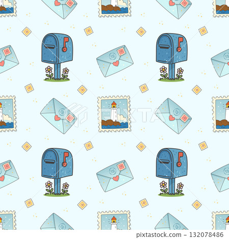 Seamless Pattern With Blue Mailbox, Envelopes And Lighthouse Postage Stamps In Cute Cartoon Flat Style 132078486