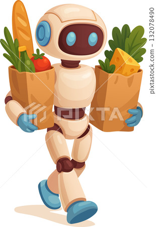 Artificial Intelligence Robot Carrying Grocery Bags with Food and Vegetables 132078490