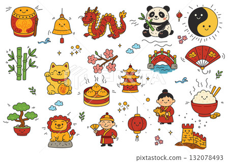 Chinese Culture Cartoon Icons with Dragon, Panda, Pagoda, Food, and Traditional Symbols in Cute Doodle Style Chinese Culture Cartoon Icons with Dragon, Panda, Pagoda, Food, and Traditional Symbols in Cute Doodle Style 132078493