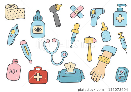 Medical Cartoon Doodle Set with Syringe, Stethoscope, Thermometer, Pills, First Aid Kit, and Healthcare Icons Medical Cartoon Doodle Set with Syringe, Stethoscope, Thermometer, Pills, First Aid Kit, and Healthcare Icons 132078494
