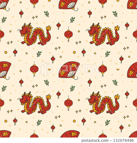 Seamless Pattern with Chinese Dragon, Lanterns, and Fan in Festive Oriental Doodle Style Seamless Pattern with Chinese Dragon, Lanterns, and Fan in Festive Oriental Doodle Style 132078496