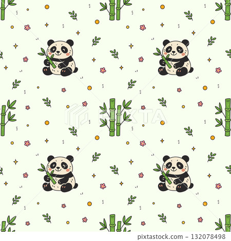 Seamless Pattern with Cute Panda Eating Bamboo in Oriental Doodle Style 132078498