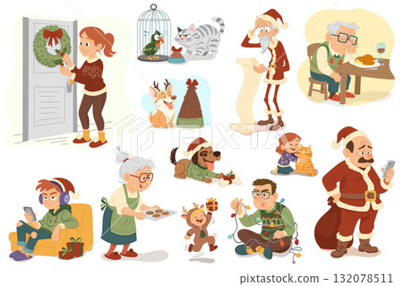 Big Christmas family clipart set with Santa, grandma, grandpa, children, pets, and holiday decorations in cozy winter home 132078511