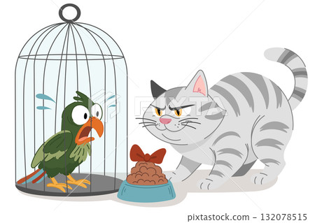 Funny Cat Looking at Parrot in Cage during Christmas Holidays Cartoon Illustration Funny Cat Looking at Parrot in Cage during Christmas Holidays Cartoon Illustration 132078515