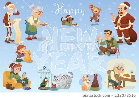 Funny family cartoon composition Happy New Year with Santa Claus, grandparents, kids, and pets in cozy festive winter home scene Funny family cartoon composition Happy New Year with Santa Claus, grandparents, kids, and pets in cozy festive winter home scene 132078516