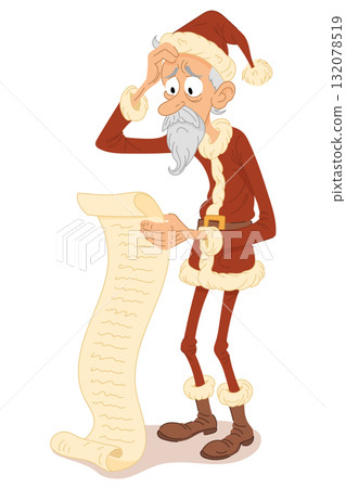 Funny thin Santa Claus with long wish list looking worried before Christmas, humorous festive cartoon character in cozy winter style 132078519