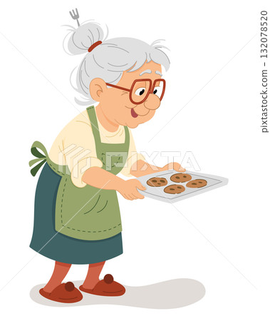 Grandma Baking Christmas Cookies in Cozy Winter Kitchen Cartoon Illustration 132078520