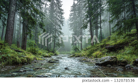 Dramatic, moody scene of a rushing mountain stream or creek flowing over rocks through a dense, foggy coniferous forest. Tall trees, moss, and mist create an atmospheric, mysterious, and serene mood 132078536
