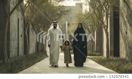 Middle Eastern Family Stroll: Serene Full-Length Portrait of a Father, Mother, and Young Daughter Holding Hands, Walking Through a Modern, Tree-Lined Architectural Pathway at Sunset 132078541