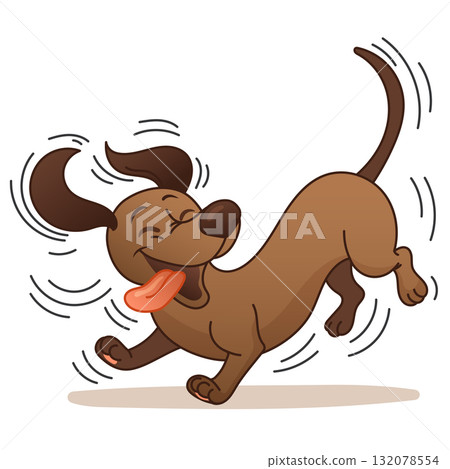 Funny dachshund running with tongue out playful cartoon dog in motion, 132078554