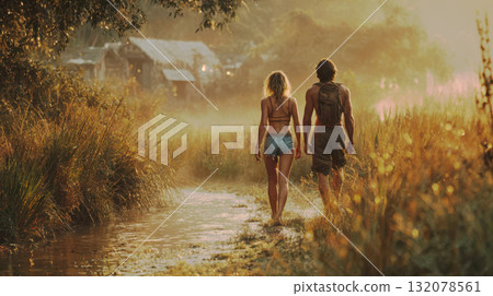 Rear view of a young couple walking away barefoot on a muddy path through tall grass, bathed in dramatic golden light. Highlights freedom, summer adventure, rustic travel or escape concepts 132078561