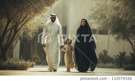 A happy Middle Eastern family father, mother, and daughter stroll together outdoors. They wear traditional clothing thobe, abaya, hijab, symbolizing family life, cultural identity, joyful lifestyle 132078588
